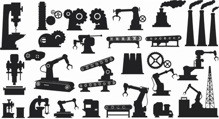 Silhouette illustration showing industrial machinery and factory equipment in black and white style