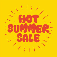 Hot summer sale banner template design. Summer discount and offer logotype sticker, label, tag on yellow background.