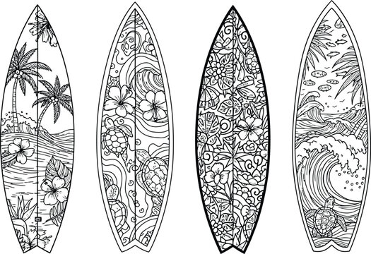 Decorative Surfboard Vector Illustrations with Ocean and Floral Patterns