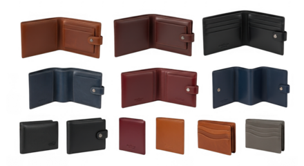 Stylish Collection of High-quality Leather Wallets in a Diverse Array of Colors and Contemporary Designs for Men and Women, isolated on a transparent background