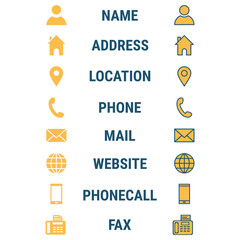 Contact icons represent name, address, location, phone, mail, website, phonecall, and fax for essential connection details.