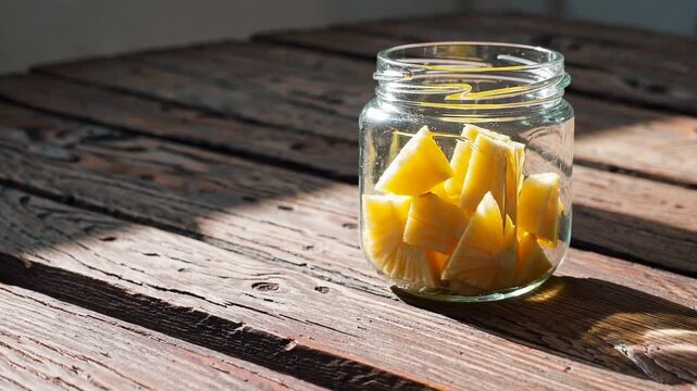 Fresh pineapple chunks in glass jar on rustic wooden table with sunlight illuminating the scene