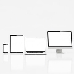 Electronic devices with blank screens, including a smartphone, tablet, laptop, and desktop monitor, on white.
