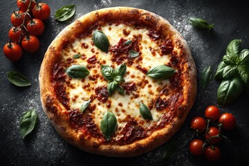 Delicious round Neapolitan pizza with melted cheese, fresh basil leaves, and vibrant cherry tomatoes ready to be enjoyed at mealtime