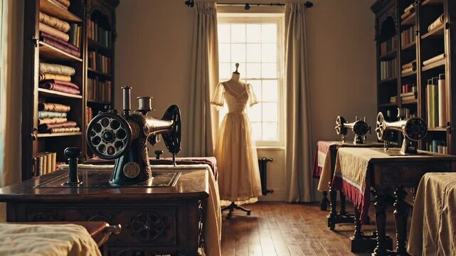 Exploring a vintage sewing studio with classic machines and elegant dresses in a warm, inviting setting