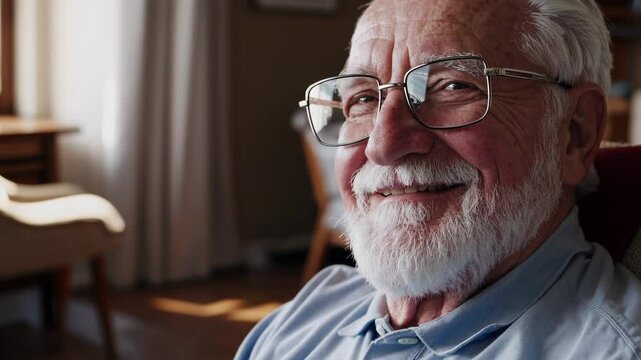 Heartwarming moments with a joyful elderly man enjoying the sunlight in a cozy living space