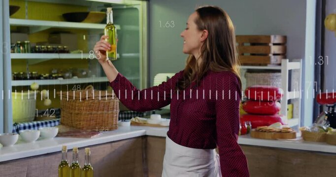 Cooking show host adjusting bowls, reaching olive oil with animated label tags highlighting value