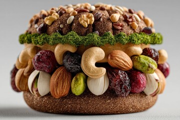 Artfully designed gourmet burger showcases a colorful array of nuts and seeds, creating a visually striking and appetizing presentation
