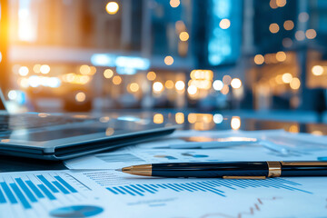 Collection of financial charts and graphs displayed on desk, accompanied by sleek pen and laptop in background. warm bokeh lights create professional and inviting atmosphere