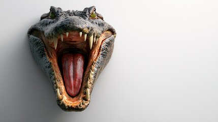 A ferocious crocodile head, showcasing sharp teeth and a wide-open jaw, against a stark white background. The image is a striking visual representation of wild nature.