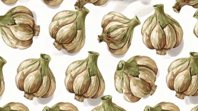 Unique artistic display of garlic bulbs arranged on a plain background in a creative pattern
