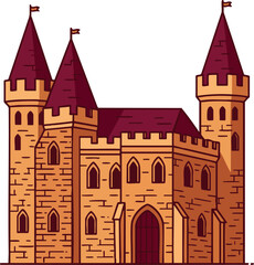 Fototapeta premium Medieval castle with three towers and flags in vector style detailed historic fortress architecture illustration