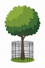 A tree in a metal fence, surrounded by grass.
