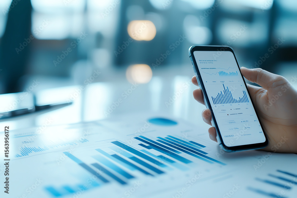 Poster close up of mobile phone displaying graphs and charts on table, showcasing data analysis and busines