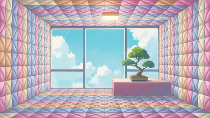 Colorful room with a bonsai, overlooking a bright sky.
