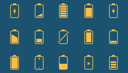 Collection of yellow battery icons showing different charge levels and states on a blue background