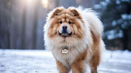 Fluffy chow chow in winter scene. A majestic dog.
