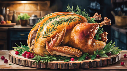 Roasted turkey, garnished with herbs and cranberries, on a wooden platter.
