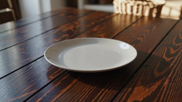 Empty white plate on wooden table during a quiet dining moment in a cozy setting