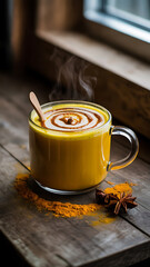 Golden pumpkin spice latte, steaming hot.
