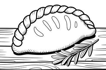 A savory pastry, braided crust, resting on a wooden surface.
