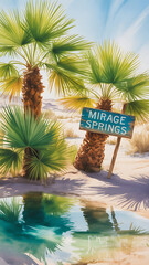 Palm trees, desert sign, mirage springs, tranquil oasis.
