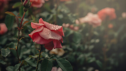 Delicate pink rose, glistening with morning dew.
