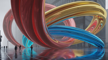 Colorful, swirling ribbons create a futuristic urban scene.
