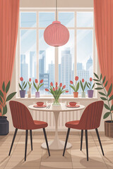 Cozy dining room with city view, red chairs, tulips.
