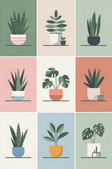 Nine potted plants in various colors, flat design style.
