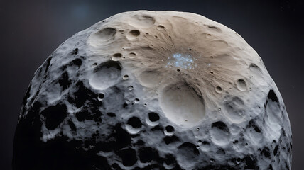 Close-up view of a cratered asteroid. Dark gray and light tan surface.
