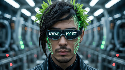 Cyberpunk figure with glowing glasses and face, futuristic.
