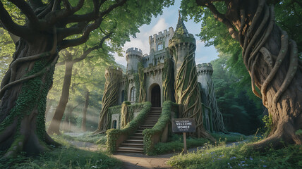 Enchanted forest castle, overgrown with vines.
