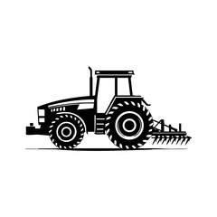 Detailed black vector of a modern tractor with rear-mounted harrow, symbolizing advanced farming, cultivation, and mechanized agriculture.

