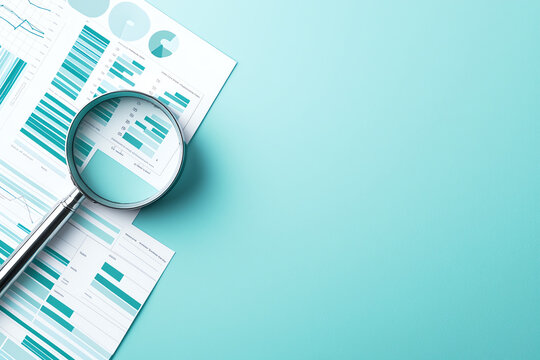 Analyzing financial data with magnifying glass reveals insights through bar graphs and charts, emphasizing clarity and precision in data interpretation