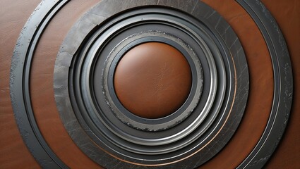 Concentric Circles of Metal and Leather Forming an Abstract Industrial Design Element