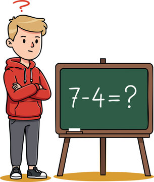 Confused boy thinking about subtraction math problem on green chalkboard vector illustration