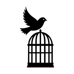 Fototapeta premium Minimalist black vector illustration of a bird standing on top of a closed cage, representing longing, captivity, or anticipation of freedom.