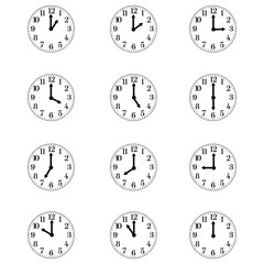 Collection of twelve analog clocks showing each hour from one to twelve