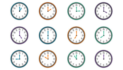 Twelve colorful clocks showing different times on a white background