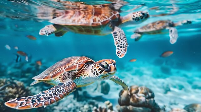 Group of sea turtles resting on reef plateau, vibrant fish in background, calm water tone, 2025 trend marine wildlife coverage
