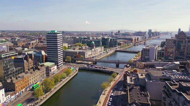 Aerial view of Liffey River and Custom house in Dublin Ireland