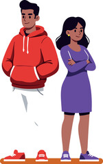 Obraz premium Young man in red hoodie and woman in purple dress standing side by side casual vector illustration