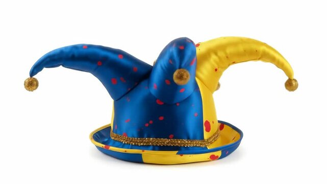 Colorful Jester Hat with Bells - A vibrant jester hat featuring alternating panels of blue and yellow with red splatters.