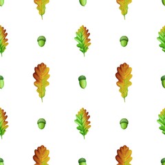 Осінній безшовний візерунок, жолуді та листя на зеленому фоні	
