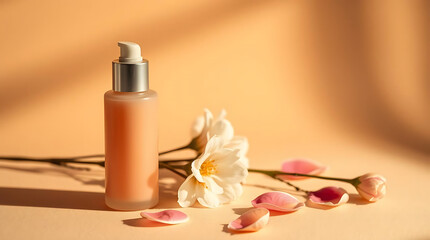 Elegant Peach-Toned Serum Bottle with Delicate Magnolia Blossoms and Petals in Soft Sunlight.