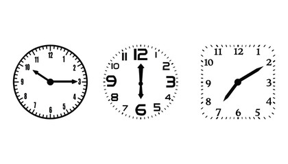 Three different clocks showing different times on a white background