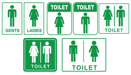 Collection of various green and white gender neutral and separate toilet signs