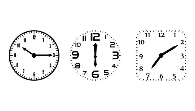 Three different clocks showing different times on a white background