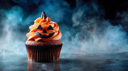 Halloween cupcake on a foggy dark background with copy space